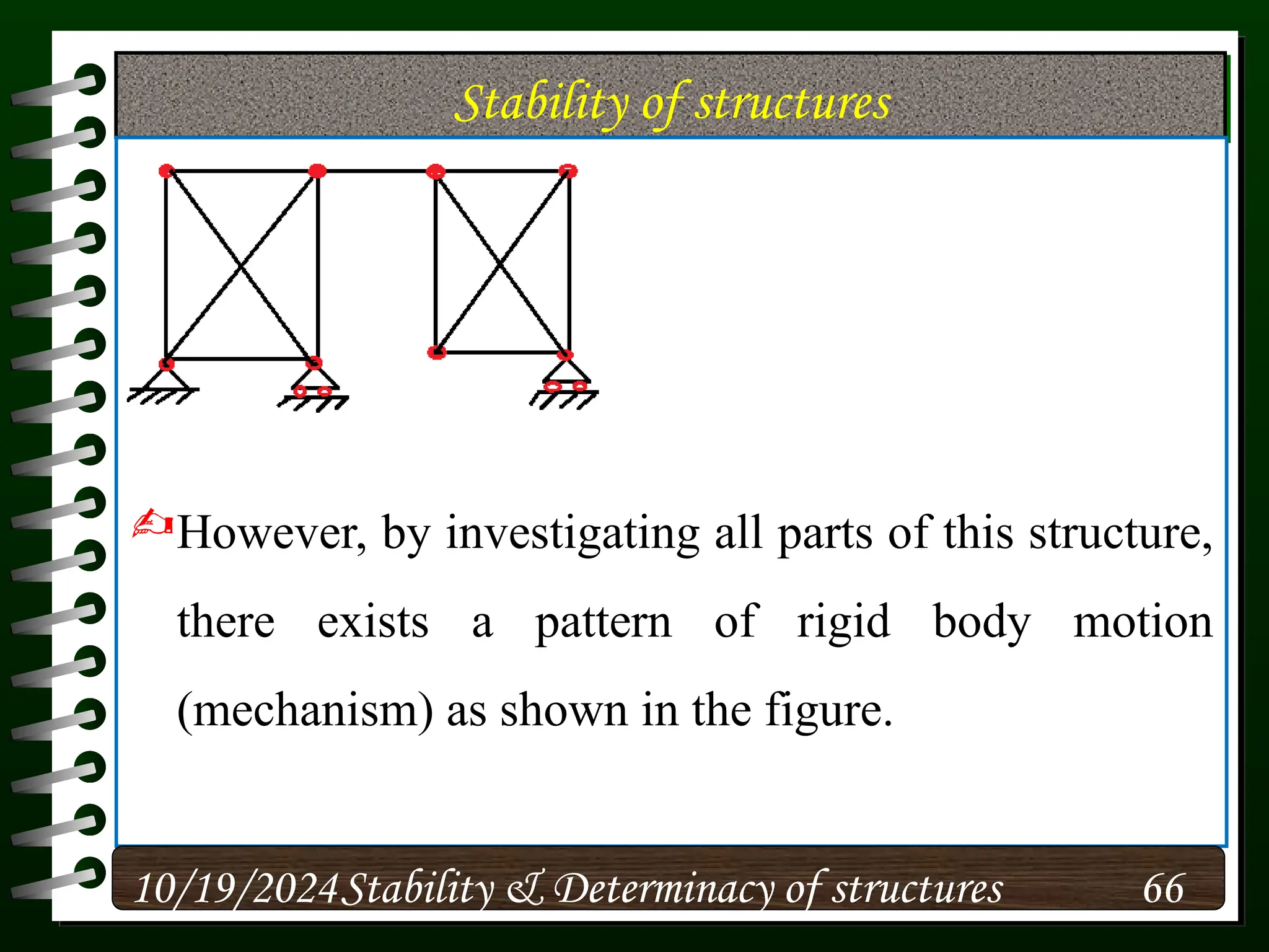 Stability of structures
However, by investigating all parts of this structure,
there exists a pattern of rigid body motion
(mechanism) as shown in the figure.
10/19/2024 66
Stability & Determinacy of structures
 