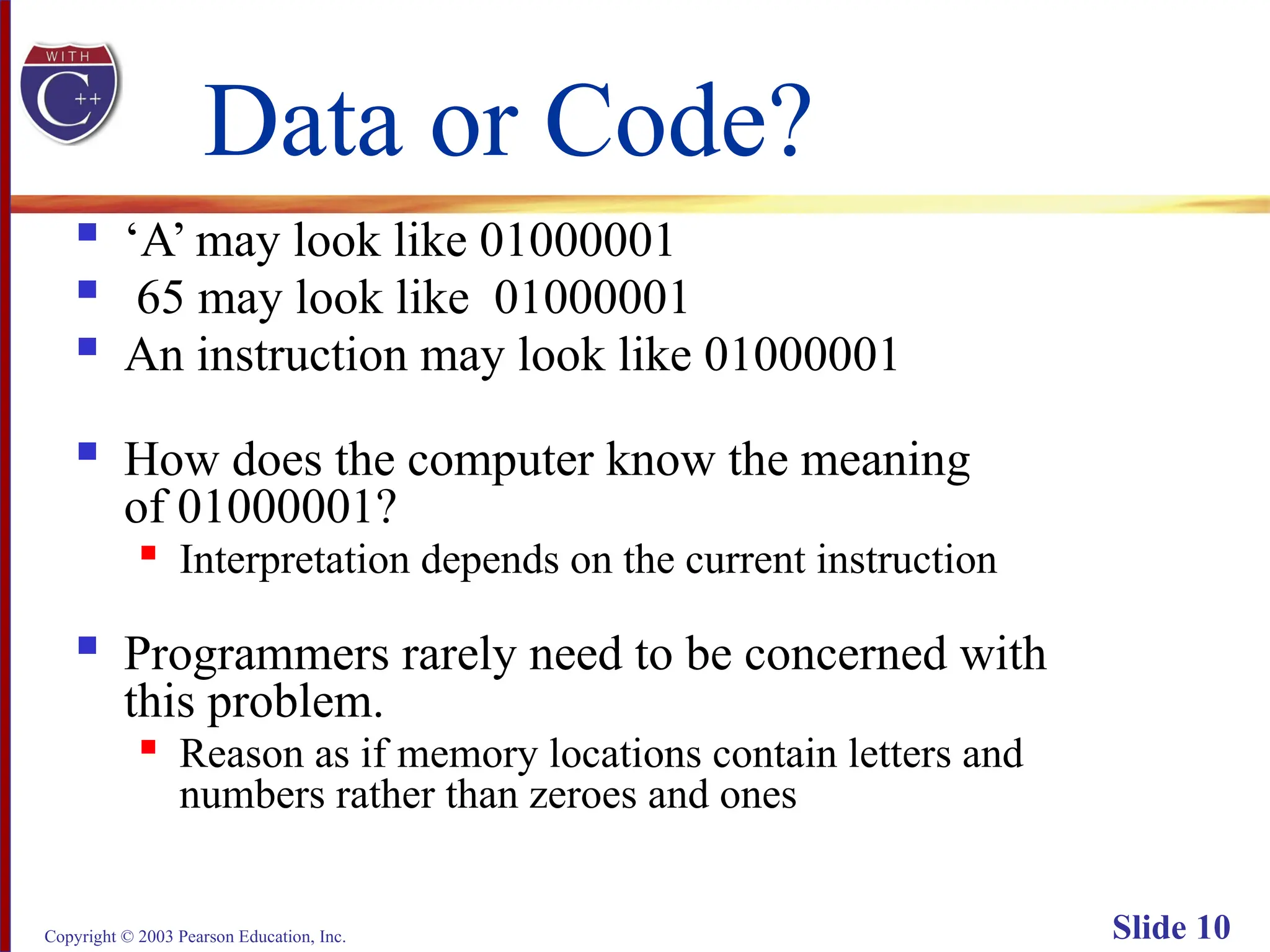Copyright © 2003 Pearson Education, Inc. Slide 10
Data or Code?
 ‘A’ may look like 01000001
 65 may look like 01000001
 An instruction may look like 01000001
 How does the computer know the meaning
of 01000001?

Interpretation depends on the current instruction
 Programmers rarely need to be concerned with
this problem.

Reason as if memory locations contain letters and
numbers rather than zeroes and ones
 