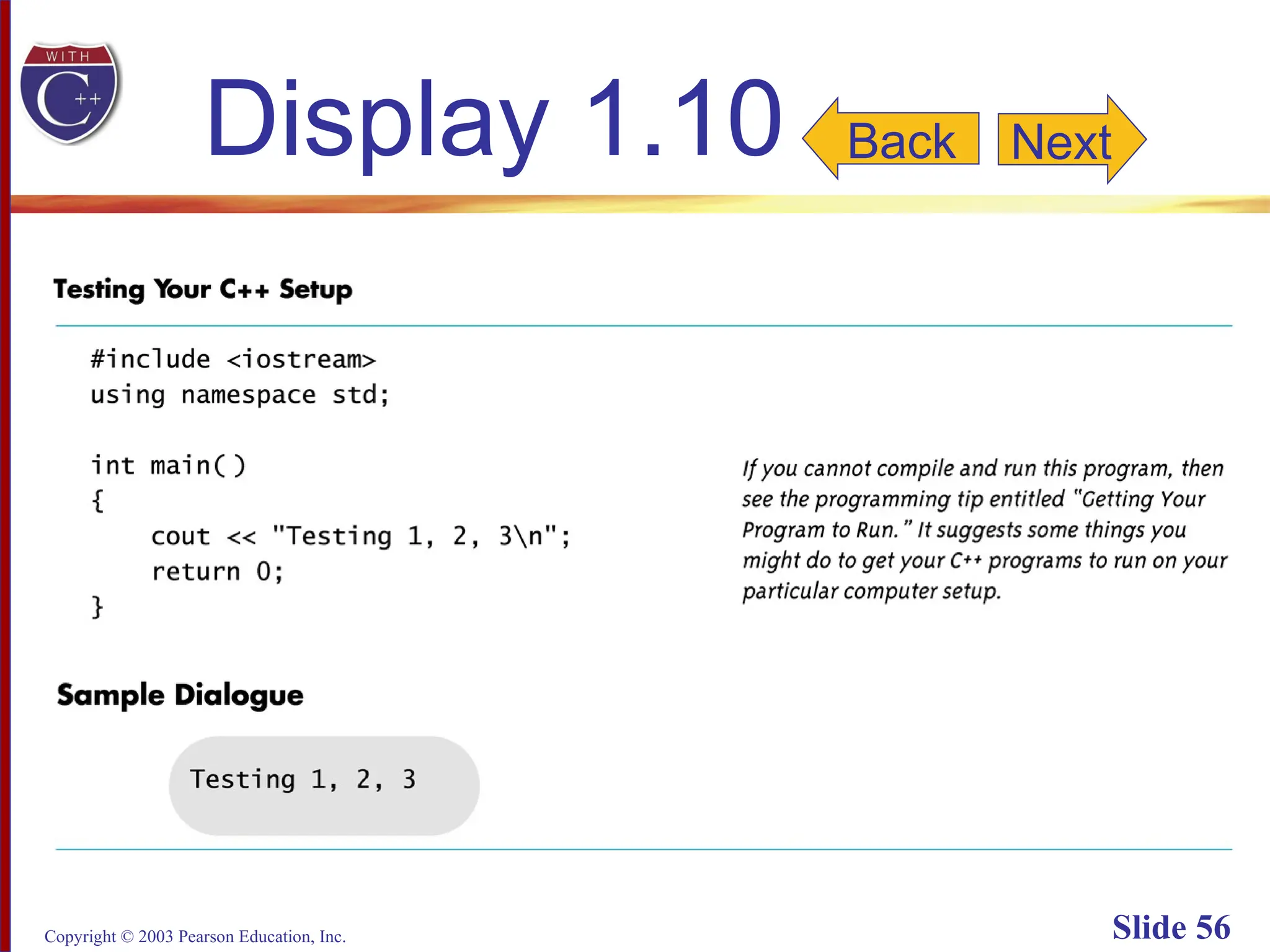 Copyright © 2003 Pearson Education, Inc. Slide 56
Display 1.10 Next
Back
 