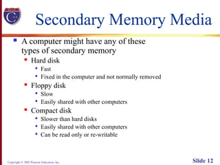 Copyright © 2003 Pearson Education, Inc. Slide 12
Secondary Memory Media
 A computer might have any of these
types of secondary memory
 Hard disk

Fast

Fixed in the computer and not normally removed
 Floppy disk

Slow

Easily shared with other computers
 Compact disk

Slower than hard disks

Easily shared with other computers

Can be read only or re-writable
 