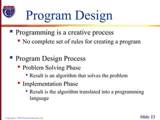Copyright © 2003 Pearson Education, Inc. Slide 23
Program Design
 Programming is a creative process
 No complete set of rules for creating a program
 Program Design Process
 Problem Solving Phase

Result is an algorithm that solves the problem
 Implementation Phase

Result is the algorithm translated into a programming
language
 