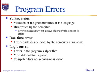 Copyright © 2003 Pearson Education, Inc. Slide 44
Program Errors
 Syntax errors
 Violation of the grammar rules of the language
 Discovered by the compiler

Error messages may not always show correct location of
errors
 Run-time errors
 Error conditions detected by the computer at run-time
 Logic errors
 Errors in the program’s algorithm
 Most difficult to diagnose
 Computer does not recognize an error
 