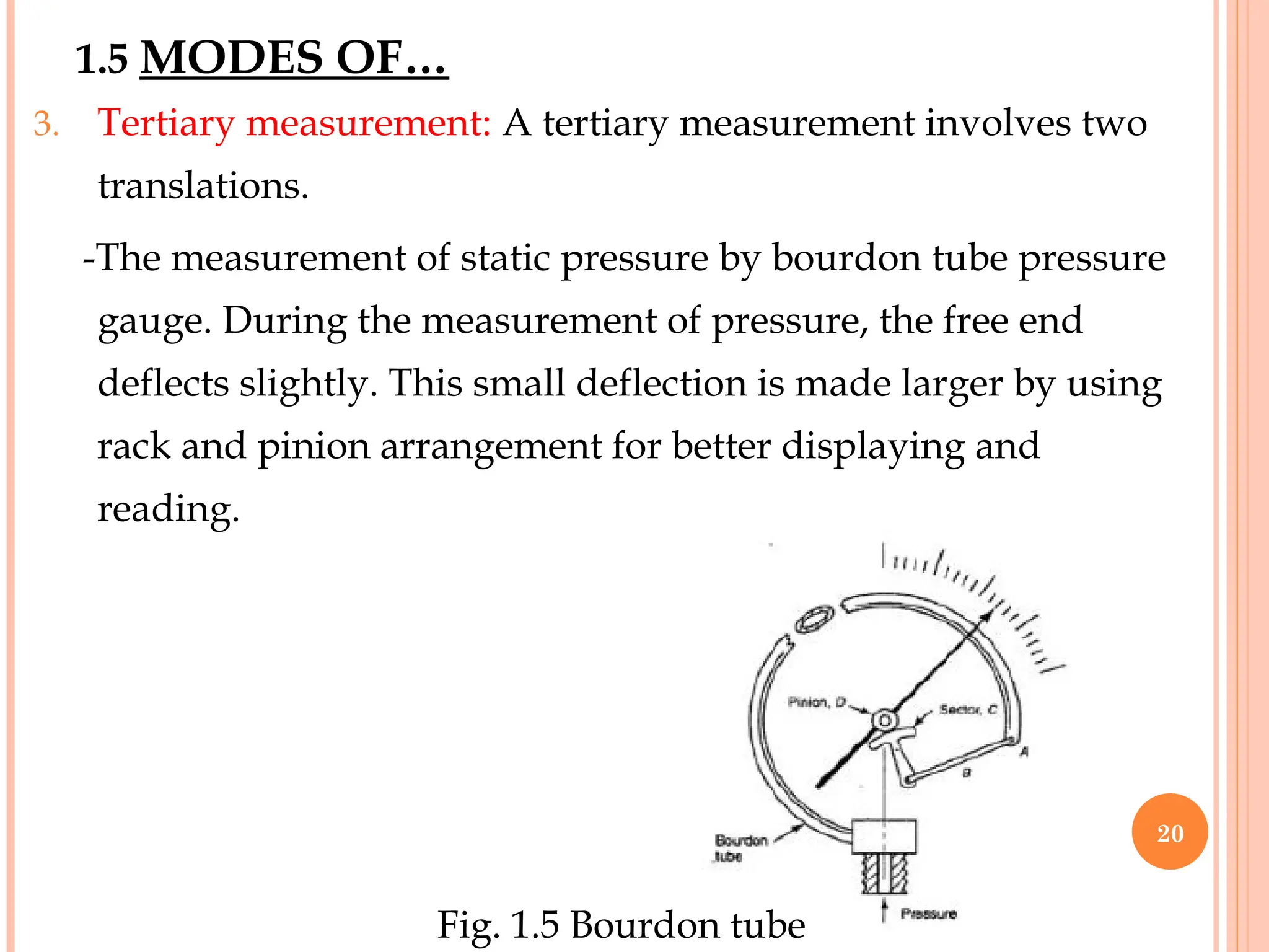 3. Tertiary measurement: A tertiary measurement involves two
translations.
-The measurement of static pressure by bourdon tube pressure
gauge. During the measurement of pressure, the free end
deflects slightly. This small deflection is made larger by using
rack and pinion arrangement for better displaying and
reading.
1.5 MODES OF…
Fig. 1.5 Bourdon tube
20
 