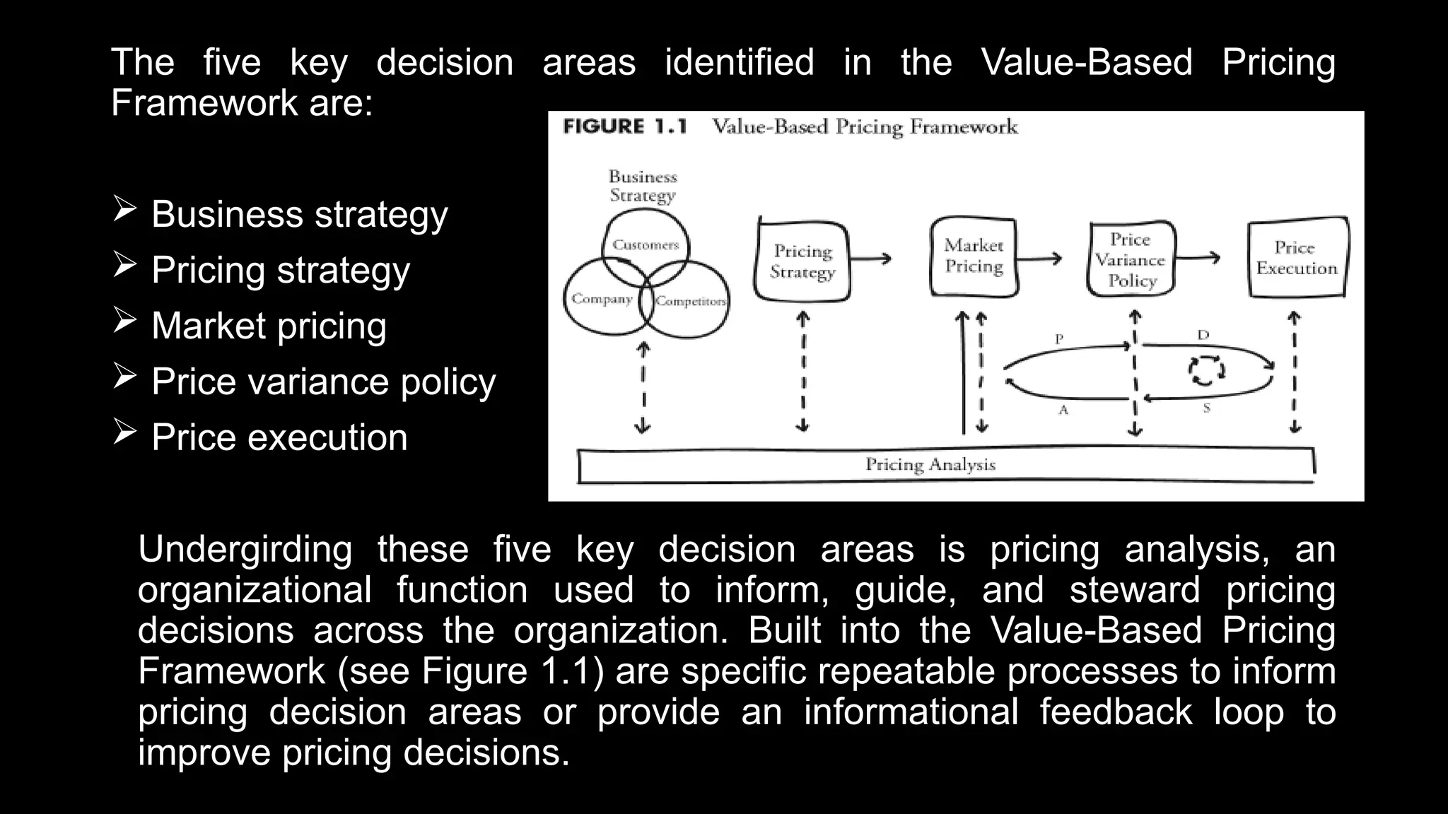 The five key decision areas identified in the Value-Based Pricing
Framework are:
 Business strategy
 Pricing strategy
 Market pricing
 Price variance policy
 Price execution
Undergirding these five key decision areas is pricing analysis, an
organizational function used to inform, guide, and steward pricing
decisions across the organization. Built into the Value-Based Pricing
Framework (see Figure 1.1) are specific repeatable processes to inform
pricing decision areas or provide an informational feedback loop to
improve pricing decisions.
 