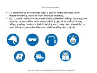 PROTECTIVE CLOTHING AND EQUIPMENT
Image source: https://commons.wikimedia.org/wiki/File:Engineering-Workshop-B.jpg
• It is essential that all employees adopt a positive attitude towards safety.
Protective clothing should be worn wherever necessary.
• Fig 1.1 shows satisfactory and unsatisfactory protective clothing. Eye protection
must also be worn when performing machining operations such as turning,
drilling, grinding. Use face shields in welding area. Safety boots should also be
used. Industrial gloves should be used while handling sharp objects.
 