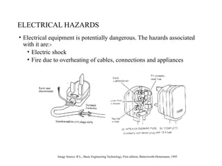 ELECTRICAL HAZARDS
• Electrical equipment is potentially dangerous. The hazards associated
with it are:-
• Electric shock
• Fire due to overheating of cables, connections and appliances
Image Source: R L., Basic Engineering Technology, First edition, Butterworth-Heinemann, 1995
 