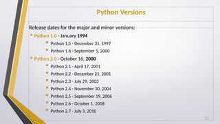 Python Versions
Release dates for the major and minor versions:
Python 1.0 - January 1994
 Python 1.5 - December 31, 1997
 Python 1.6 - September 5, 2000
Python 2.0 - October 16, 2000
 Python 2.1 - April 17, 2001
 Python 2.2 - December 21, 2001
 Python 2.3 - July 29, 2003
 Python 2.4 - November 30, 2004
 Python 2.5 - September 19, 2006
 Python 2.6 - October 1, 2008
 Python 2.7 - July 3, 2010
11
 