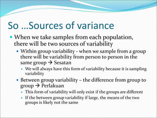 So …Sources of variance
 When we take samples from each population,
there will be two sources of variability
 Within group variability - when we sample from a group
there will be variability from person to person in the
same group  Sesatan
 We will always have this form of variability because it is sampling
variability
 Between group variability – the difference from group to
group  Perlakuan
 This form of variability will only exist if the groups are different
 If the between group variability if large, the means of the two
groups is likely not the same
 