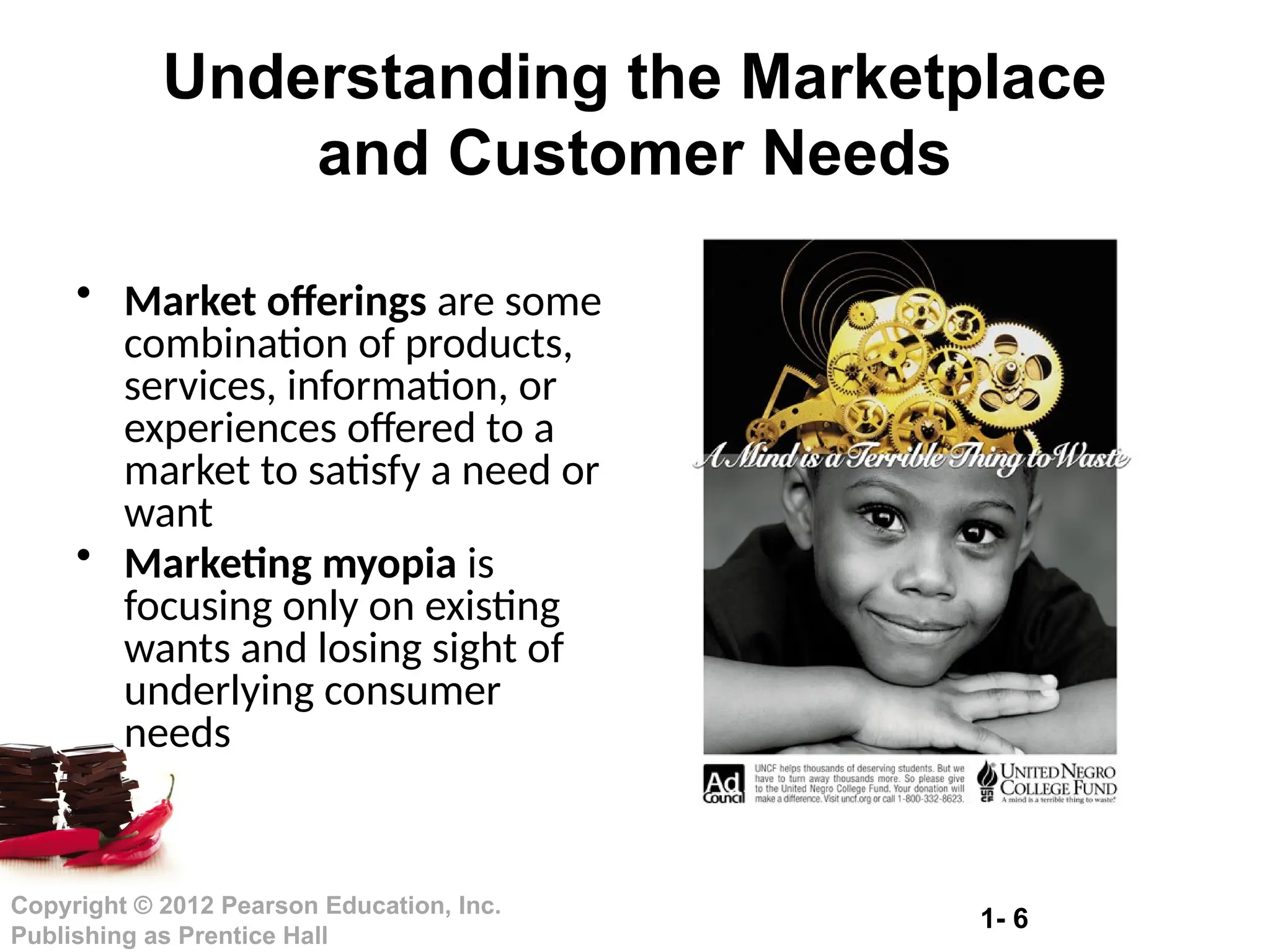 1- 6
Copyright © 2012 Pearson Education, Inc.
Publishing as Prentice Hall
Understanding the Marketplace
and Customer Needs
• Market offerings are some
combination of products,
services, information, or
experiences offered to a
market to satisfy a need or
want
• Marketing myopia is
focusing only on existing
wants and losing sight of
underlying consumer
needs
 