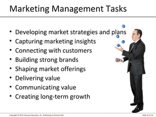Copyright © 2012 Pearson Education, Inc. Publishing as Prentice Hall Slide 25 of 25
• Developing market strategies and plans
• Capturing marketing insights
• Connecting with customers
• Building strong brands
• Shaping market offerings
• Delivering value
• Communicating value
• Creating long-term growth
Marketing Management Tasks
 