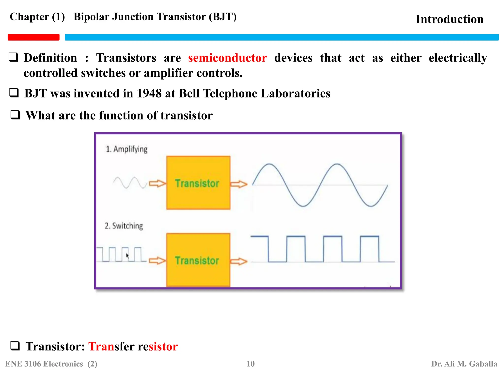 Chapter (1) Bipolar Junction Transistor (BJT)
 Definition : Transistors are semiconductor devices that act as either electrically
controlled switches or amplifier controls.
 What are the function of transistor
 Transistor: Transfer resistor
Introduction
 BJT was invented in 1948 at Bell Telephone Laboratories
ENE 3106 Electronics (2) 10 Dr. Ali M. Gaballa
 