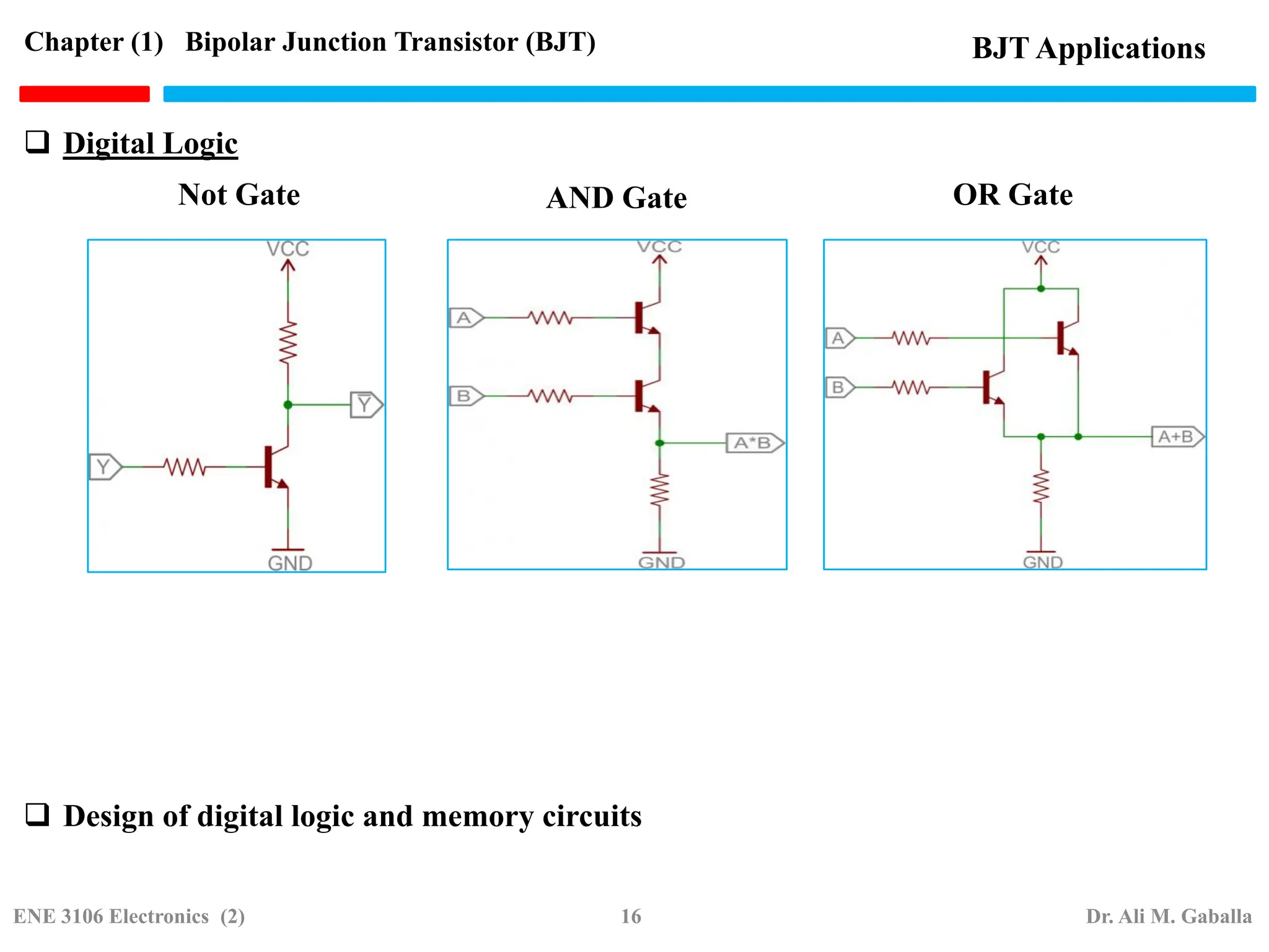  Digital Logic
Not Gate AND Gate OR Gate
BJT Applications
Chapter (1) Bipolar Junction Transistor (BJT)
 Design of digital logic and memory circuits
ENE 3106 Electronics (2) 16 Dr. Ali M. Gaballa
 