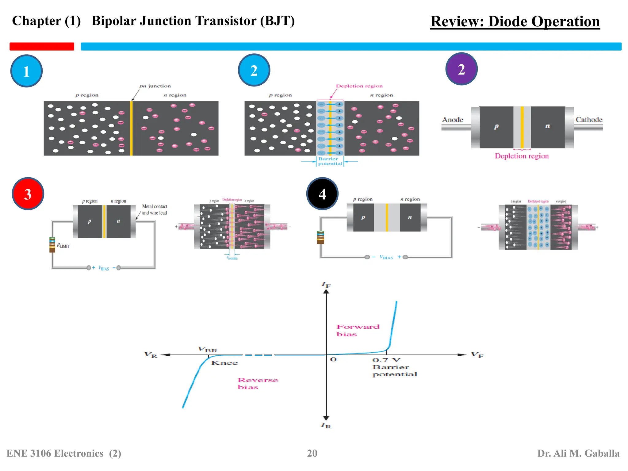Review: Diode Operation
1 2 2
3 4
Chapter (1) Bipolar Junction Transistor (BJT)
ENE 3106 Electronics (2) 20 Dr. Ali M. Gaballa
 