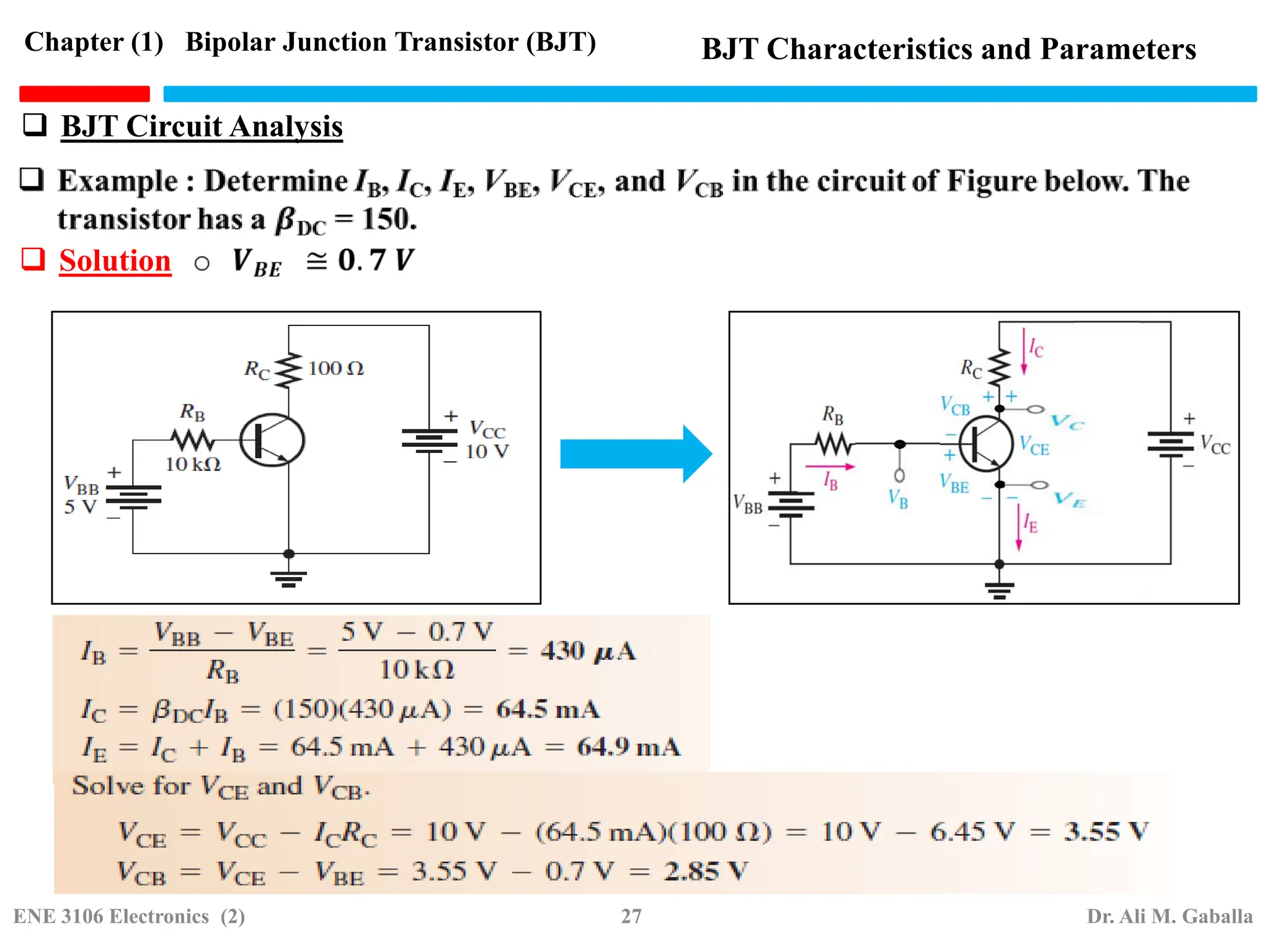  Solution
Chapter (1) Bipolar Junction Transistor (BJT) BJT Characteristics and Parameters
 BJT Circuit Analysis
ENE 3106 Electronics (2) 27 Dr. Ali M. Gaballa
 