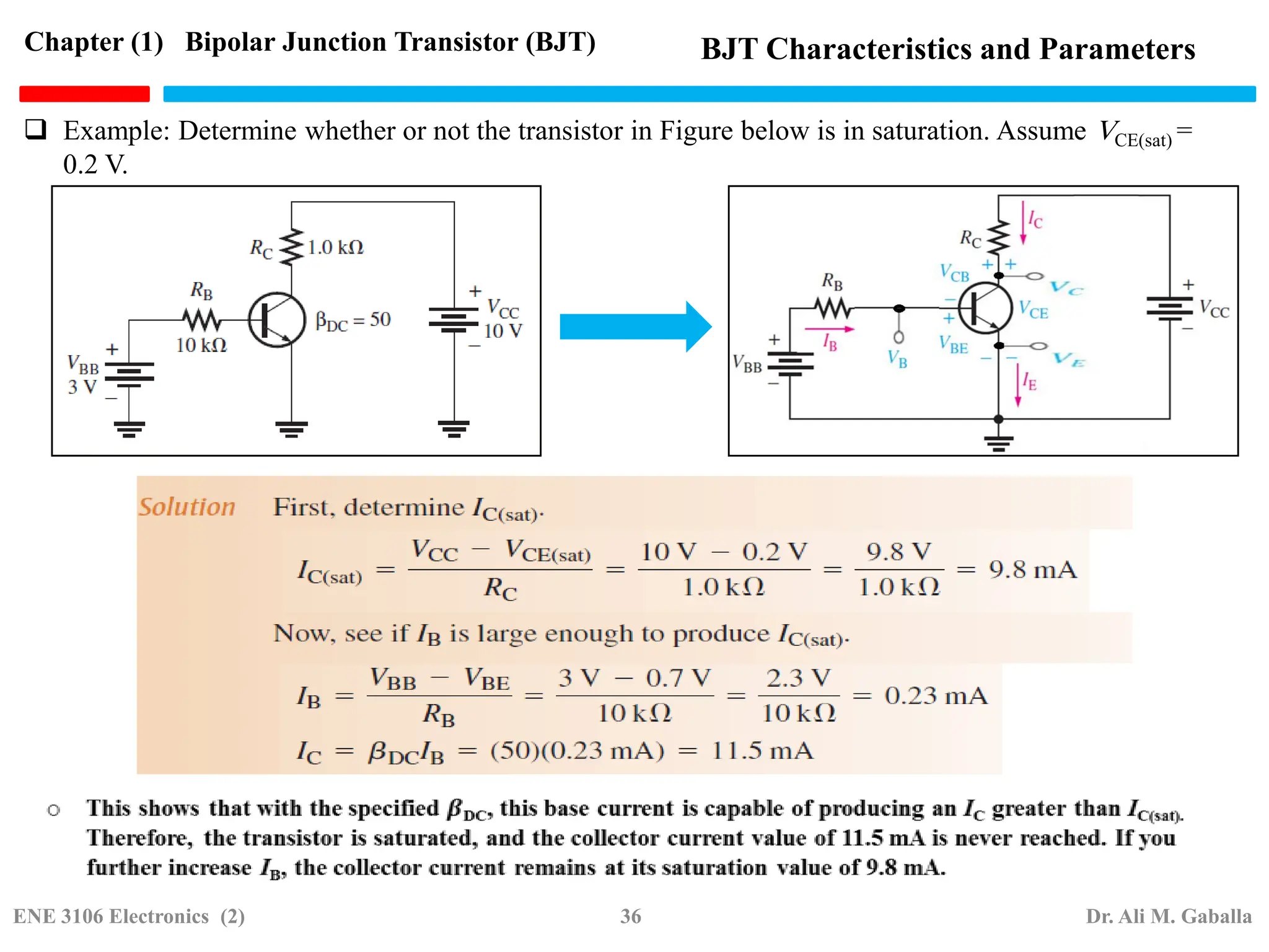  Example: Determine whether or not the transistor in Figure below is in saturation. Assume VCE(sat) =
0.2 V.
Chapter (1) Bipolar Junction Transistor (BJT) BJT Characteristics and Parameters
ENE 3106 Electronics (2) 36 Dr. Ali M. Gaballa
 