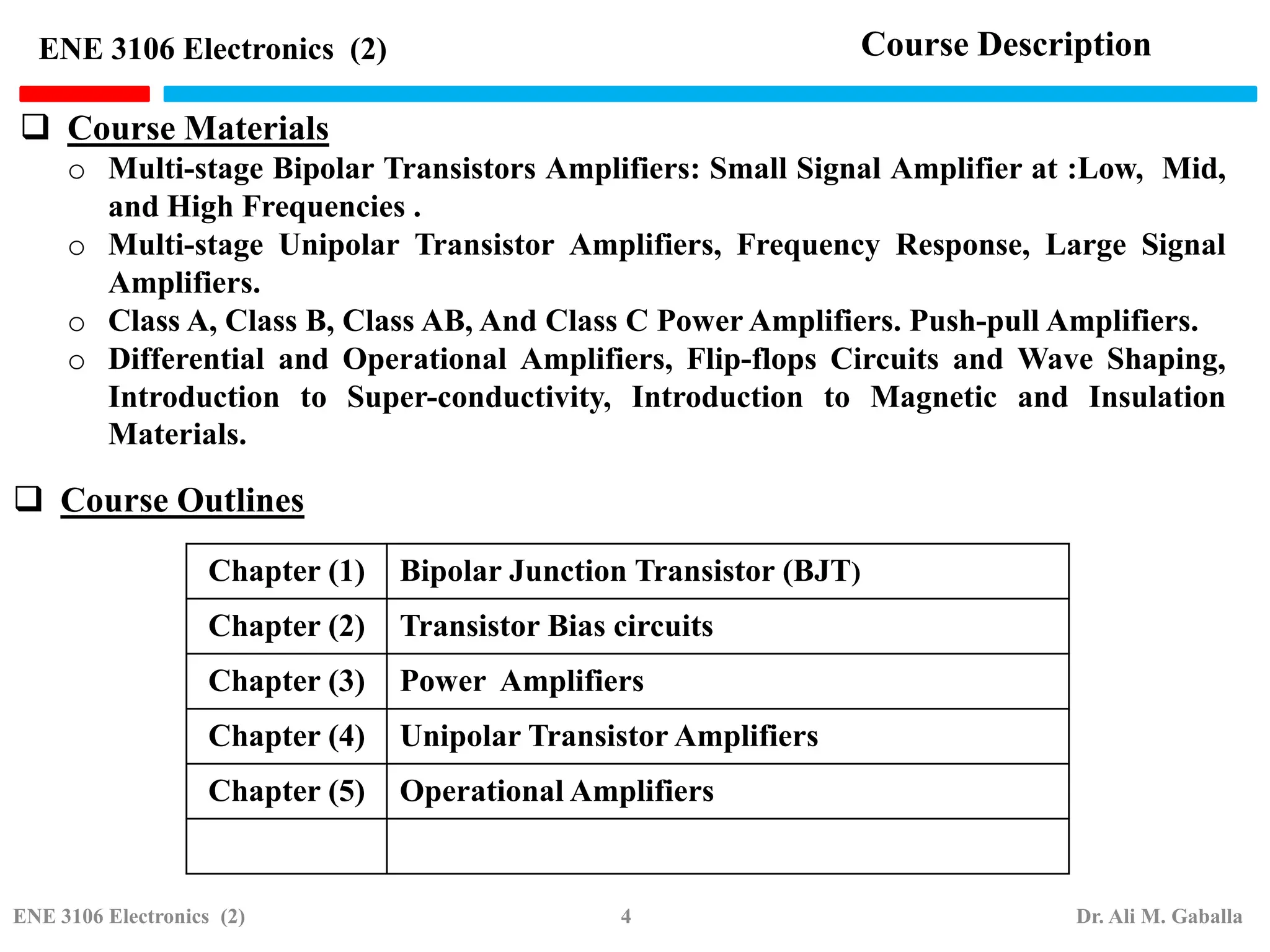 Bipolar Junction Transistor (BJT)
Chapter (1)
Transistor Bias circuits
Chapter (2)
Power Amplifiers
Chapter (3)
Unipolar Transistor Amplifiers
Chapter (4)
Operational Amplifiers
Chapter (5)
 Course Outlines
Course Description
ENE 3106 Electronics (2)
 Course Materials
o Multi-stage Bipolar Transistors Amplifiers: Small Signal Amplifier at :Low, Mid,
and High Frequencies .
o Multi-stage Unipolar Transistor Amplifiers, Frequency Response, Large Signal
Amplifiers.
o Class A, Class B, Class AB, And Class C Power Amplifiers. Push-pull Amplifiers.
o Differential and Operational Amplifiers, Flip-flops Circuits and Wave Shaping,
Introduction to Super-conductivity, Introduction to Magnetic and Insulation
Materials.
ENE 3106 Electronics (2) 4 Dr. Ali M. Gaballa
 