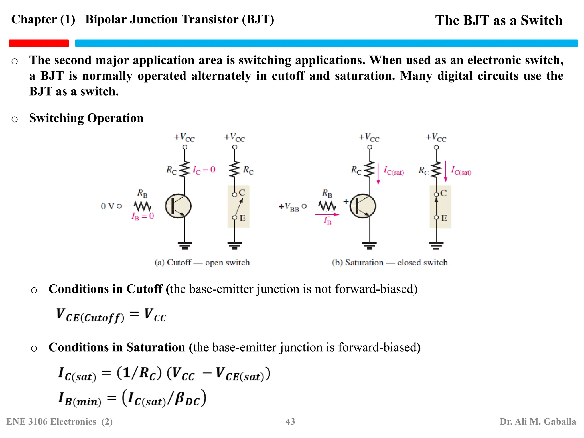 The BJT as a Switch
o The second major application area is switching applications. When used as an electronic switch,
a BJT is normally operated alternately in cutoff and saturation. Many digital circuits use the
BJT as a switch.
o Switching Operation
o Conditions in Cutoff (the base-emitter junction is not forward-biased)
o Conditions in Saturation (the base-emitter junction is forward-biased)
Chapter (1) Bipolar Junction Transistor (BJT)
ENE 3106 Electronics (2) 43 Dr. Ali M. Gaballa
 