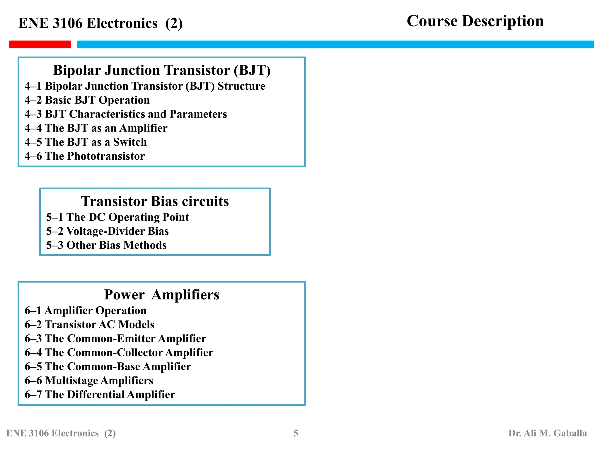 Bipolar Junction Transistor (BJT)
4–1 Bipolar Junction Transistor (BJT) Structure
4–2 Basic BJT Operation
4–3 BJT Characteristics and Parameters
4–4 The BJT as an Amplifier
4–5 The BJT as a Switch
4–6 The Phototransistor
Transistor Bias circuits
5–1 The DC Operating Point
5–2 Voltage-Divider Bias
5–3 Other Bias Methods
Power Amplifiers
6–1 Amplifier Operation
6–2 Transistor AC Models
6–3 The Common-Emitter Amplifier
6–4 The Common-Collector Amplifier
6–5 The Common-Base Amplifier
6–6 Multistage Amplifiers
6–7 The Differential Amplifier
Course Description
ENE 3106 Electronics (2)
ENE 3106 Electronics (2) 5 Dr. Ali M. Gaballa
 