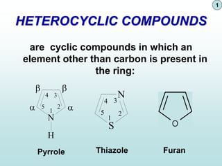 1
HETEROCYCLIC COMPOUNDS
are cyclic compounds in which an
element other than carbon is present in
the ring:
N
H

 

1
2
3
4
5
S
N
1
2
4 3
5
Pyrrole Thiazole Furan
 