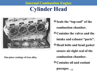 Internal Combustion Engine
Cylinder Head
Seals the “top-end” of the
combustion chamber.
Contains the valves and the
intake and exhaust “ports”.
Head bolts and head gasket
ensure air-tight seal of the
combustion chamber.
Contains oil and coolant
passages.
One-piece castings of iron alloy.
19
 
