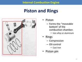 Internal Combustion Engine
Piston and Rings
• Piston
– Forms the “moveable
bottom’ of the
combustion chamber.
• Iron alloy or aluminum
• Rings
– Compression
– Oil-control
• Cast iron
• Piston pin
21
 