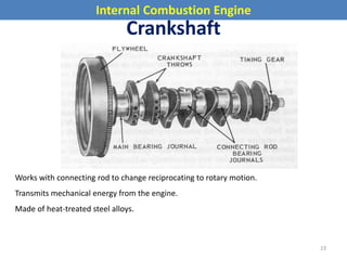 Internal Combustion Engine
Crankshaft
Works with connecting rod to change reciprocating to rotary motion.
Transmits mechanical energy from the engine.
Made of heat-treated steel alloys.
23
 