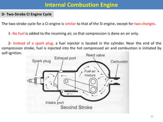 Internal Combustion Engine
D- Two-Stroke CI Engine Cycle
The two-stroke cycle for a CI engine is similar to that of the SI engine, except for two changes.
1- No fuel is added to the incoming air, so that compression is done on air only.
2- Instead of a spark plug, a fuel injector is located in the cylinder. Near the end of the
compression stroke, fuel is injected into the hot compressed air and combustion is initiated by
self-ignition.
30
 
