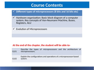 Course Contents
CLO1
Describe the types of microprocessors and the architecture of
microprocessors.
CLO2
Explain the configurations and operations of a microprocessor-based
system.
 Different types of microprocessors (8 bits and 16 bits etc)
 Hardware organization: Basic block diagram of a computer
system, Key concepts of Von-Neumann Machine, Buses,
Registers, ALU
 Evolution of Microprocessors
At the end of the chapter, the student will be able to-
 