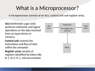 What is a Microprocessor?
ALU (Arithmetic Logic Unit)
performs arithmetic and logical
operations on the data received
from an input device or
memory.
Control unit controls the
instructions and flow of data
within the computer.
Register array consists of
registers identified by letters like
B, C, D, E, H, L, and accumulator.
A microprocessor consists of an ALU, control unit and register array.
 