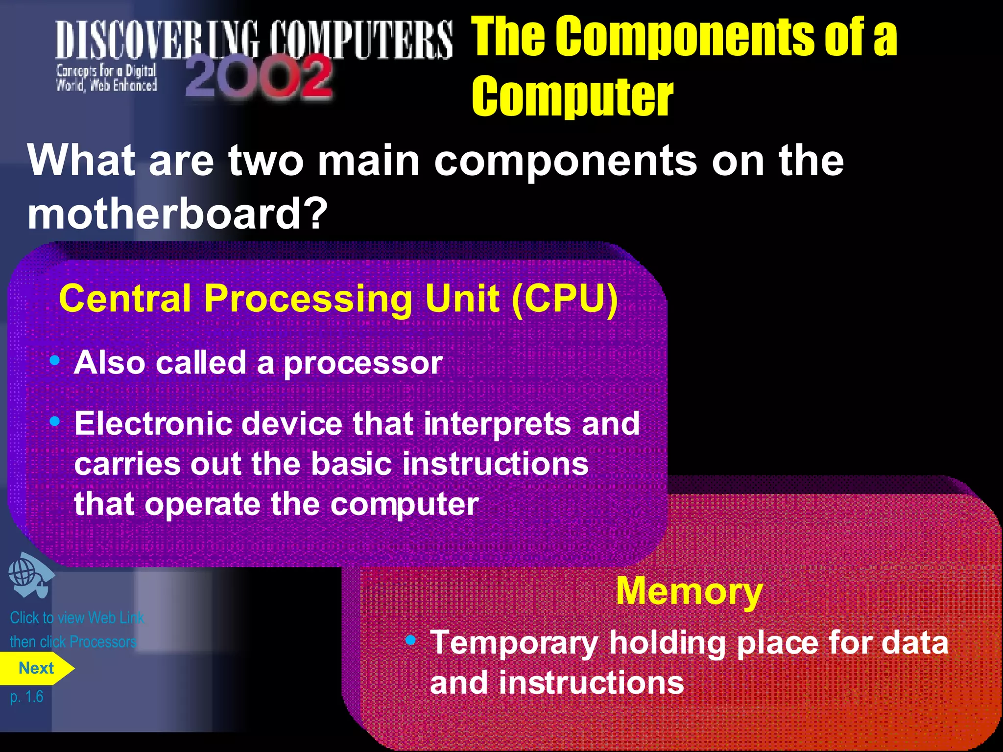 The Components of a Computer What are two main components on the motherboard? Click to view Web Link then click Processors p. 1.6 Memory Temporary holding place for data and instructions Central Processing Unit (CPU) Also called a processor Electronic device that interprets and carries out the basic instructions that operate the computer Next 