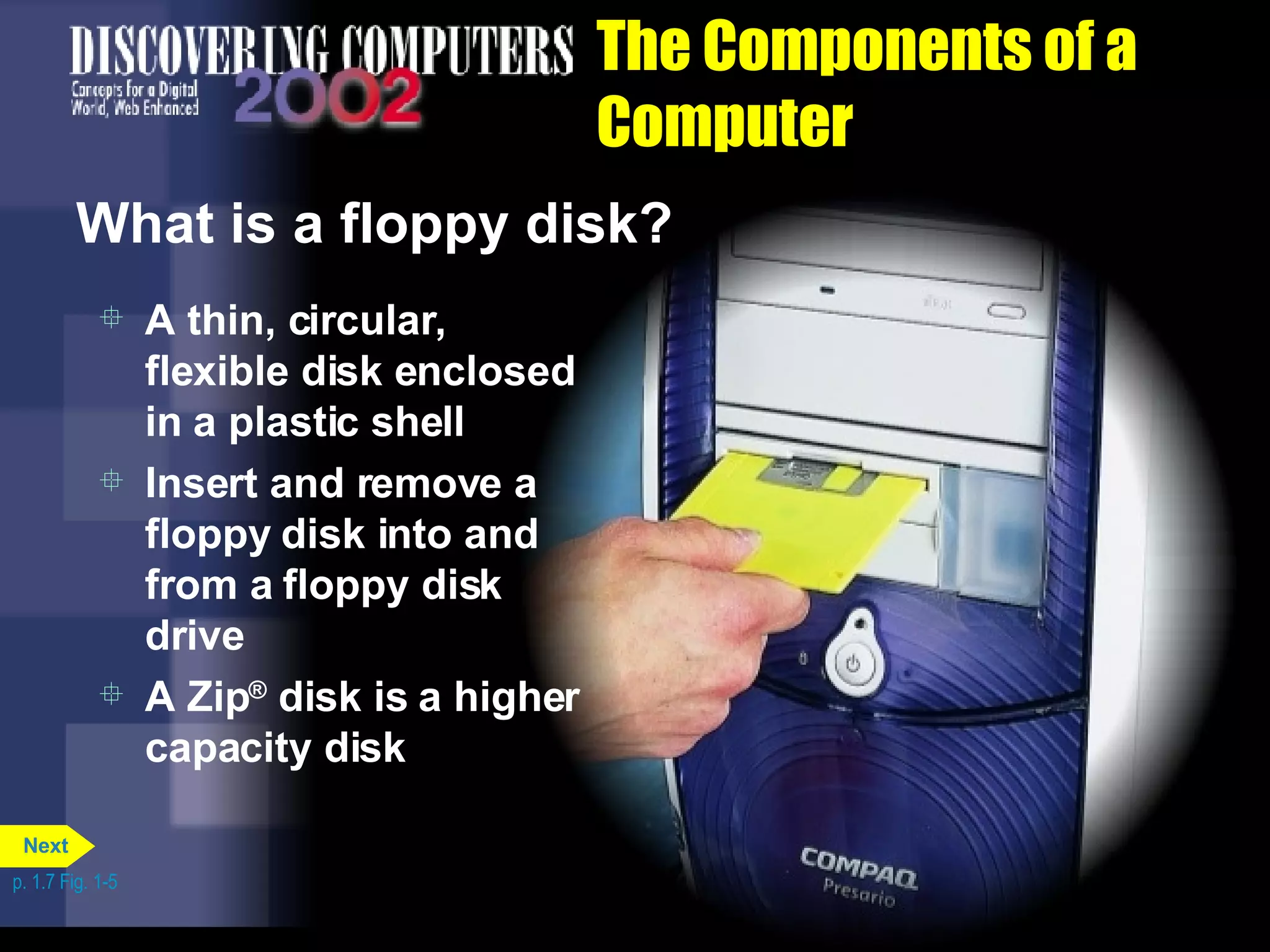 The Components of a Computer What is a floppy disk? A thin, circular, flexible disk enclosed in a plastic shell Insert and remove a floppy disk into and from a floppy disk drive A Zip ®  disk is a higher capacity disk p. 1.7 Fig. 1-5 Next 