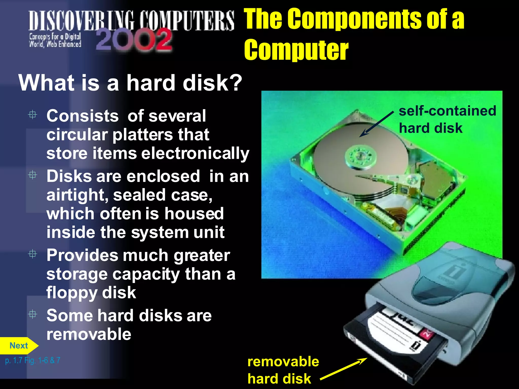 The Components of a Computer What is a hard disk? Consists  of several circular platters that store items electronically Disks are enclosed  in an airtight, sealed case, which often is housed inside the system unit Provides much greater storage capacity than a floppy disk Some hard disks are removable p. 1.7 Fig. 1-6 & 7 removable hard disk self-contained hard disk Next 