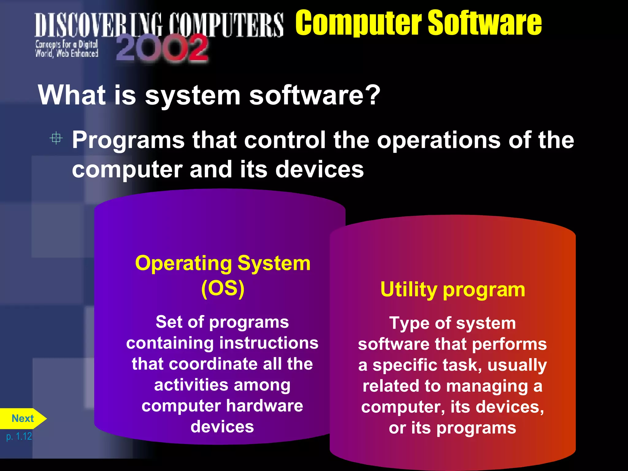 Computer Software What is system software? Programs that control the operations of the computer and its devices p. 1.12 Operating System (OS) Set of programs containing instructions that coordinate all the activities among computer hardware devices Utility program Type of system software that performs a specific task, usually related to managing a computer, its devices, or its programs Next 
