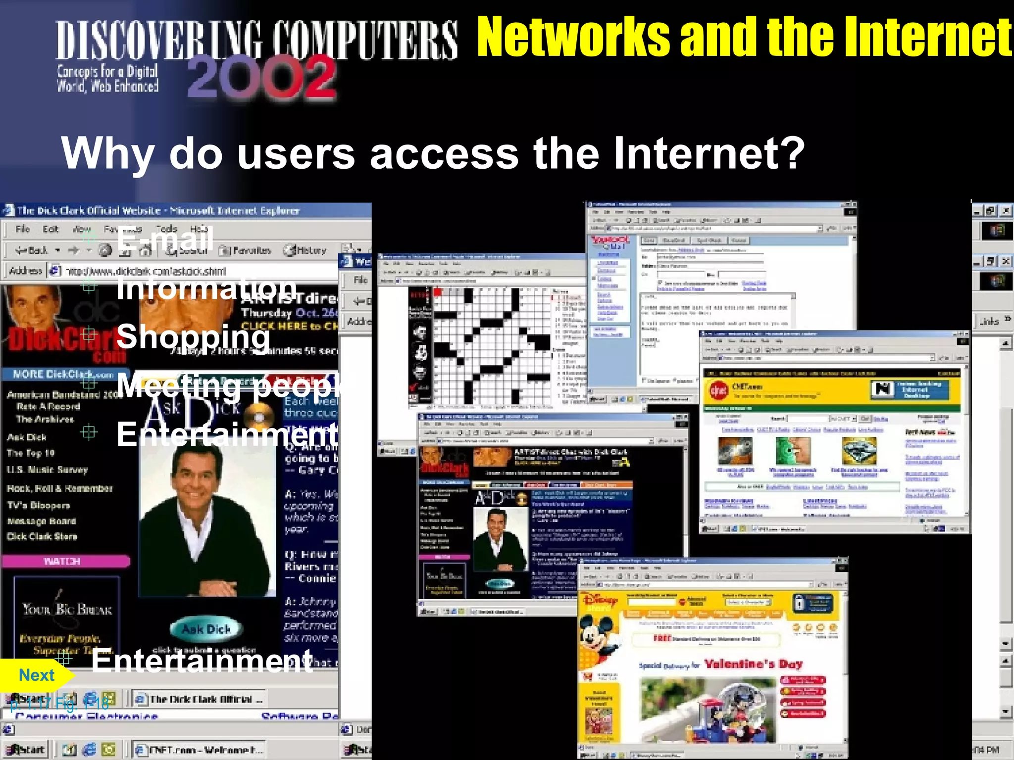 Networks and the Internet Why do users access the Internet? p. 1.17 Fig. 1-18 E-mail  Information Shopping Meeting people Entertainment E-mail  Information Shopping Meeting people Entertainment Next 