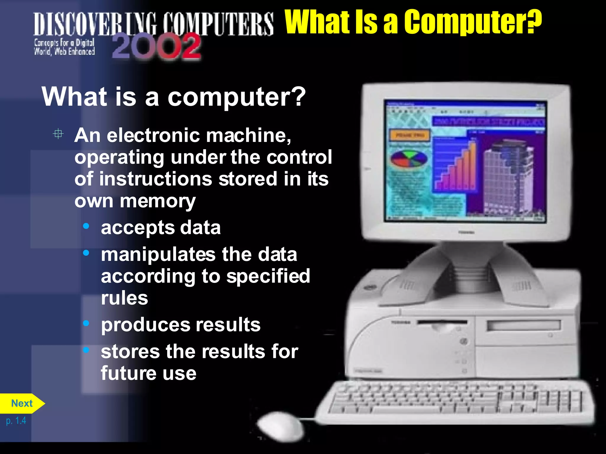 What Is a Computer? What is a computer? An electronic machine, operating under the control of instructions stored in its own memory accepts data manipulates the data according to specified rules produces results stores the results for future use p. 1.4 Next 
