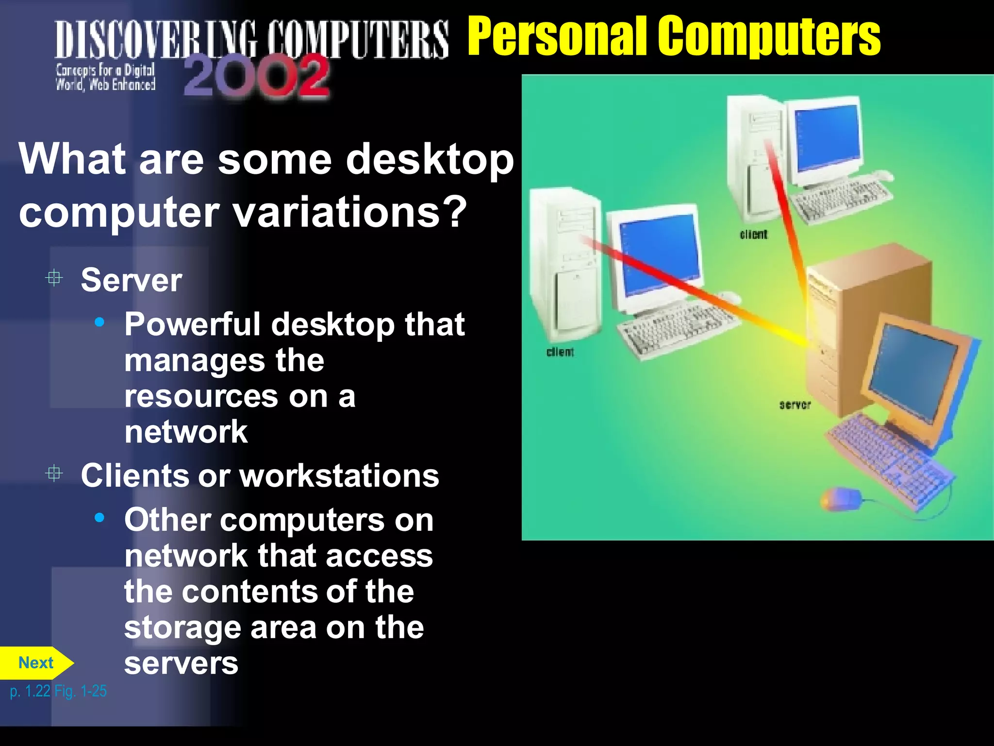 Personal Computers What are some desktop computer variations? Server Powerful desktop that manages the resources on a network Clients or workstations Other computers on network that access the contents of the storage area on the servers p. 1.22 Fig. 1-25 Next 