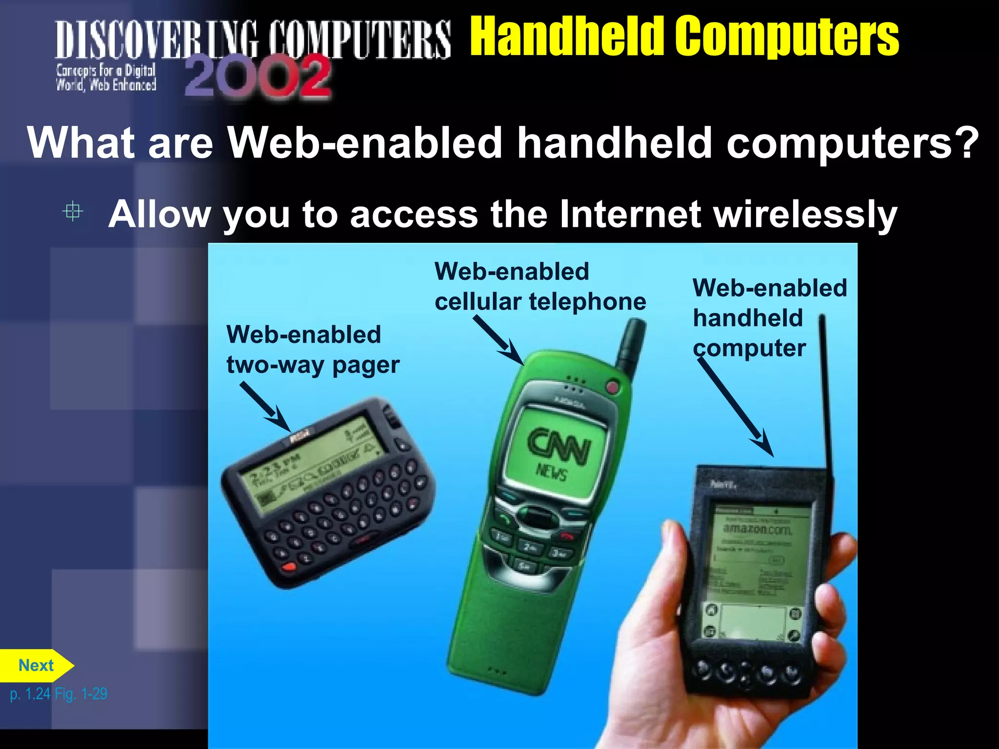 Handheld Computers What are Web-enabled handheld computers? Allow you to access the Internet wirelessly p. 1.24 Fig. 1-29 Web-enabled two-way pager Web-enabled cellular telephone Web-enabled handheld computer Next 