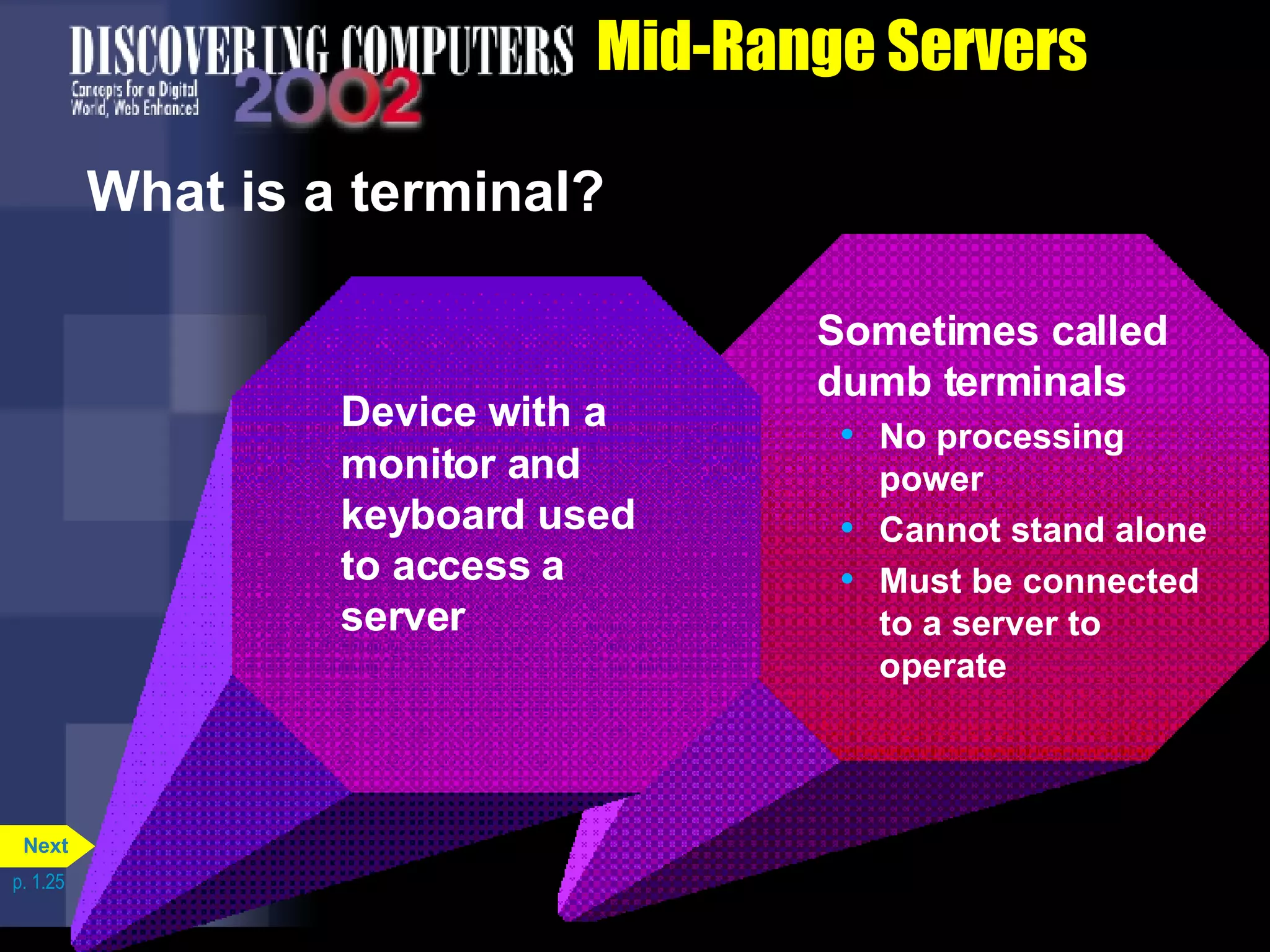 Mid-Range Servers What is a terminal? p. 1.25 Sometimes called dumb terminals No processing power Cannot stand alone Must be connected to a server to operate Device   with a monitor and keyboard used to access a server Next 