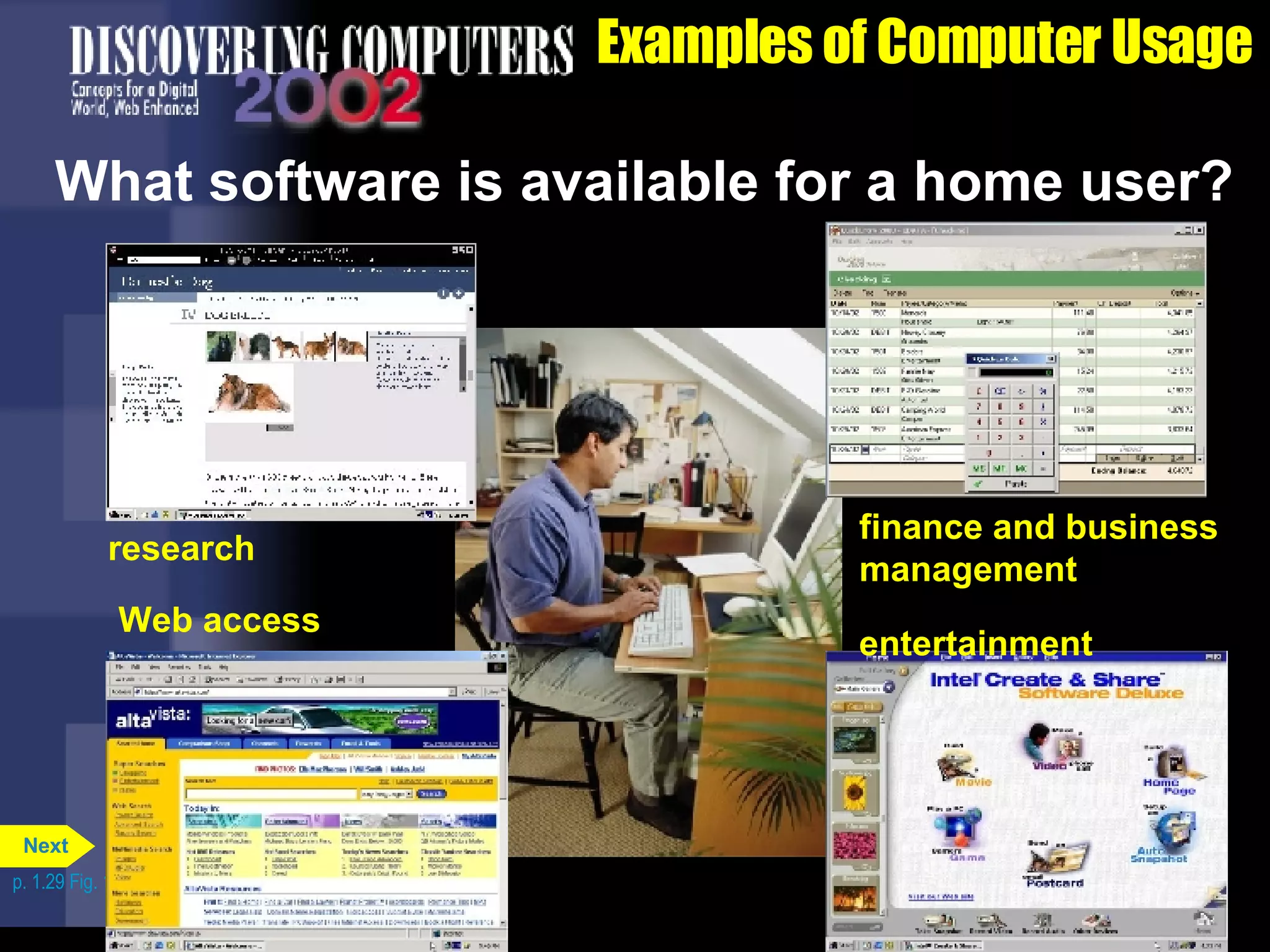 Examples of Computer Usage What software is available for a home user? p. 1.29 Fig. 1-37 research finance and business management Web access entertainment Next 