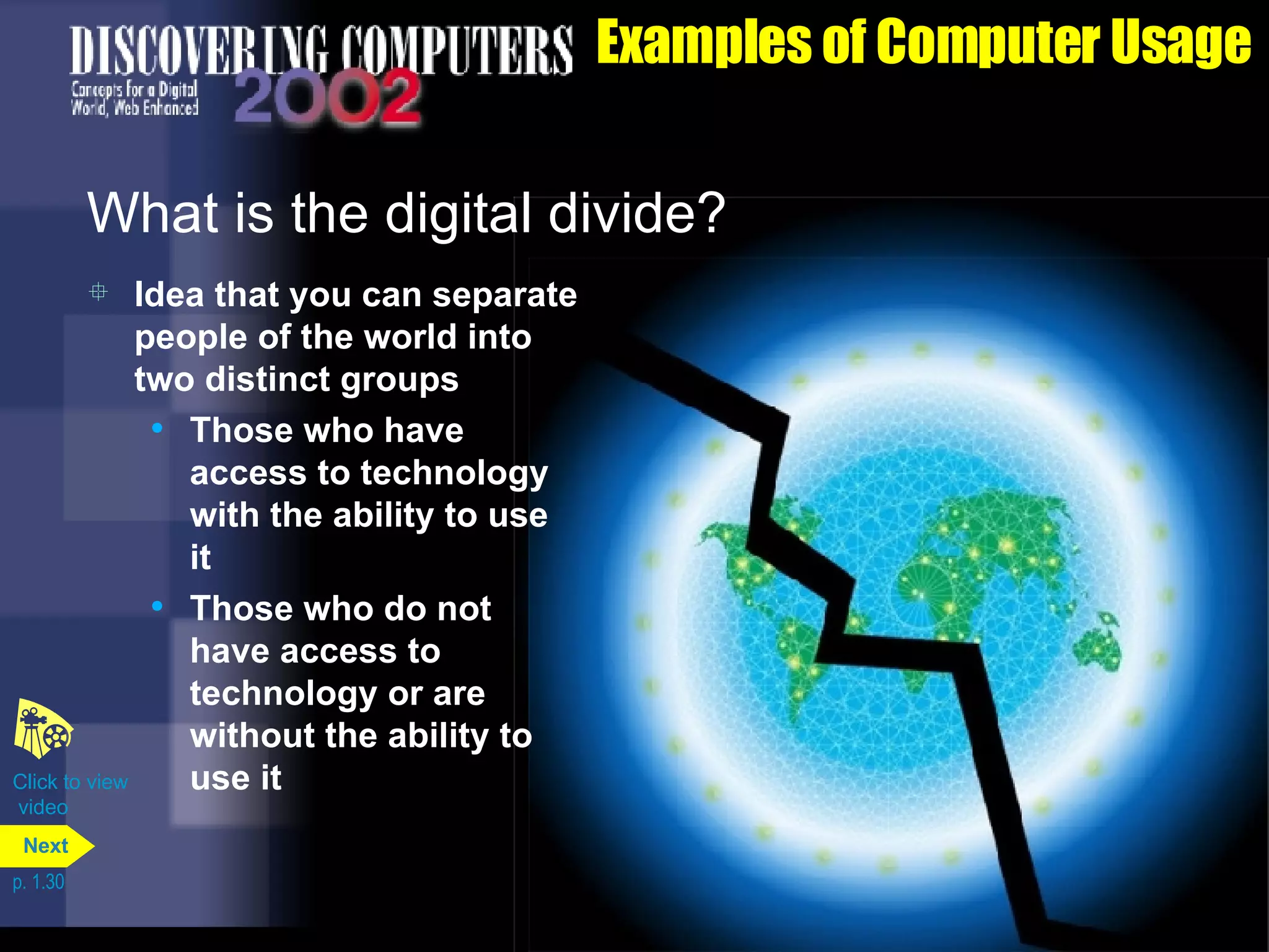 Examples of Computer Usage What is the digital divide? Idea that you can separate people of the world into two distinct groups Those who have access to technology with the ability to use it Those who do not have access to technology or are without the ability to use it Click to view  video p. 1.30 Next 