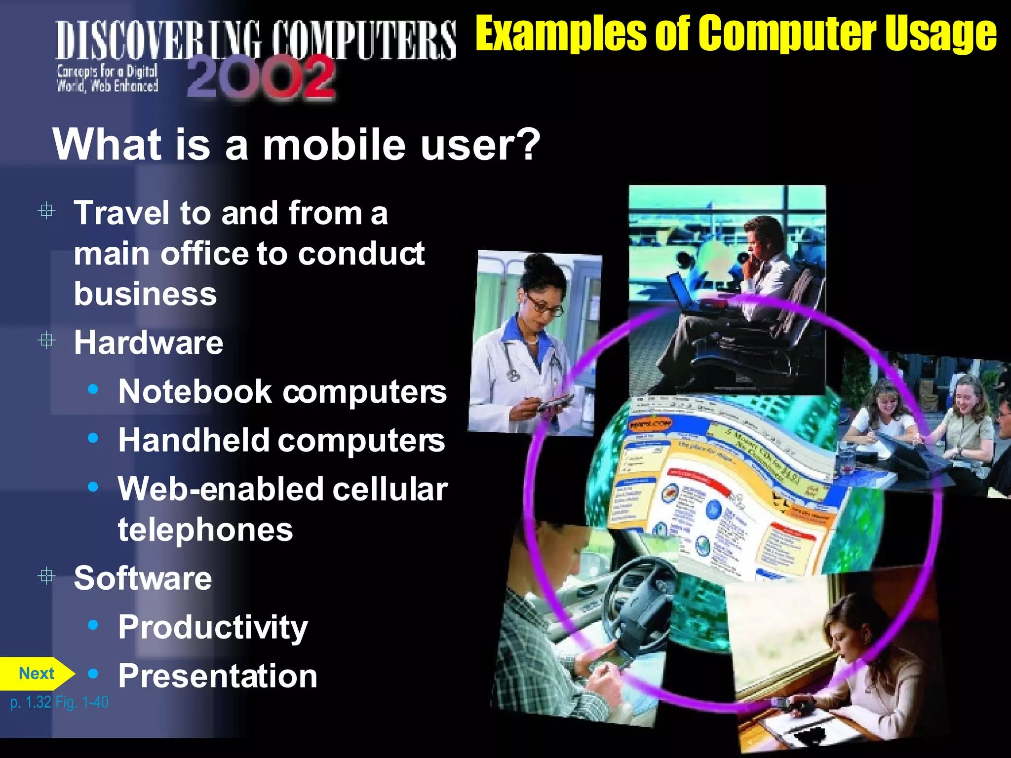 Examples of Computer Usage What is a mobile user? Travel to and from a main office to conduct business Hardware Notebook computers Handheld computers Web-enabled cellular telephones Software Productivity Presentation p. 1.32 Fig. 1-40 Next 