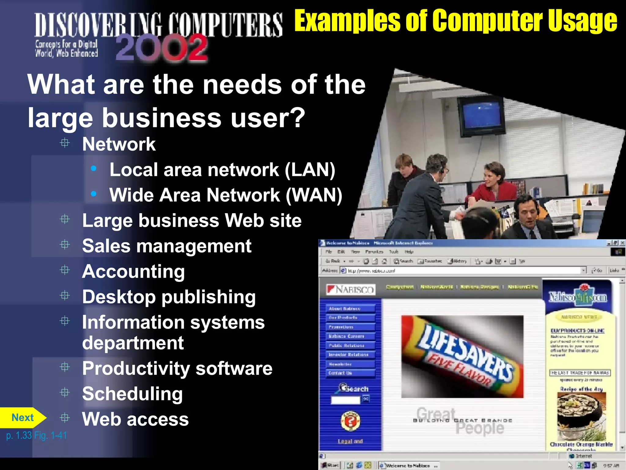 Examples of Computer Usage What are the needs of the  large business user? Network Local area network (LAN) Wide Area Network (WAN) Large business Web site  Sales management Accounting Desktop publishing Information systems department Productivity software Scheduling Web access p. 1.33 Fig. 1-41 Next 