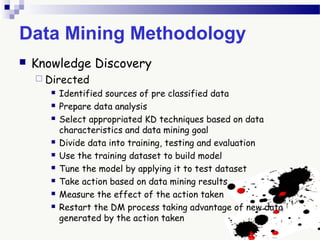 Data Mining Methodology
 Knowledge Discovery
 Directed
 Identified sources of pre classified data
 Prepare data analysis
 Select appropriated KD techniques based on data
characteristics and data mining goal
 Divide data into training, testing and evaluation
 Use the training dataset to build model
 Tune the model by applying it to test dataset
 Take action based on data mining results
 Measure the effect of the action taken
 Restart the DM process taking advantage of new data
generated by the action taken
 