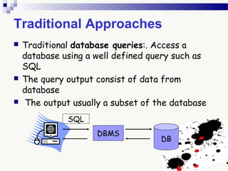 Traditional Approaches
 Traditional database queries:. Access a
database using a well defined query such as
SQL
 The query output consist of data from
database
 The output usually a subset of the database
DBMS
DB
SQL
 