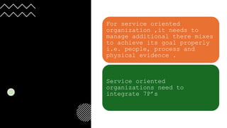 For service oriented
organization ,it needs to
manage additional there mixes
to achieve its goal properly
i.e. people, process and
physical evidence .
Service oriented
organizations need to
integrate 7P’s
 