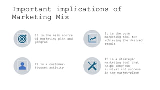 Important implications of
Marketing Mix
It is the main source
of marketing plan and
program
It is the core
marketing tool for
achieving the desired
result
It is a customer-
focused activity
It is a strategic
marketing tool that
helps long-run
survival and success
in the market-place
 