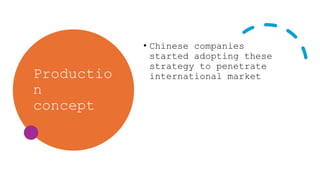 Productio
n
concept
• Chinese companies
started adopting these
strategy to penetrate
international market
 