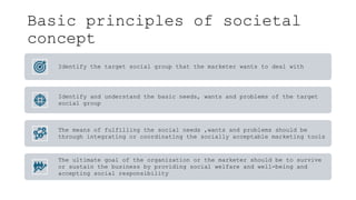 Basic principles of societal
concept
Identify the target social group that the marketer wants to deal with
Identify and understand the basic needs, wants and problems of the target
social group
The means of fulfilling the social needs ,wants and problems should be
through integrating or coordinating the socially acceptable marketing tools
The ultimate goal of the organization or the marketer should be to survive
or sustain the business by providing social welfare and well-being and
accepting social responsibility
 