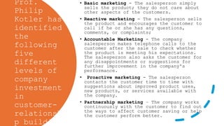 Prof.
Philip
Kotler has
identified
the
following
five
different
levels of
company
investment
in
customer-
relationshi
p building.
• Basic marketing - The salesperson simply
sells the product; they do not care about
other aspects of the customers.
• Reactive marketing - The salesperson sells
the product and encourages the customer to
call if he or she has any questions,
comments, or complaints;
• Accountable Marketing - The company
salesperson makes telephone calls to the
customer after the sale to check whether
the product is meeting his expectations.
The salesperson also asks the customer for
any disappointments or suggestions for
further improvement in the company's
performance.
• Proactive marketing - The salesperson
contacts the customer time to time with
suggestions about improved product uses,
new products, or services available with
the company.
• Partnership marketing – The company works
continuously with the customer to find out
the ways to affect customer saving or help
the customer perform better.
 