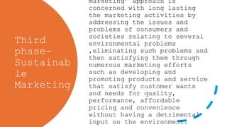 Third
phase-
Sustainab
le
Marketing
marketing’ approach is
concerned with long lasting
the marketing activities by
addressing the issues and
problems of consumers and
societies relating to several
environmental problems
,eliminating such problems and
then satisfying them through
numerous marketing efforts
such as developing and
promoting products and service
that satisfy customer wants
and needs for quality,
performance, affordable
pricing and convenience
without having a detrimental
input on the environment.
 